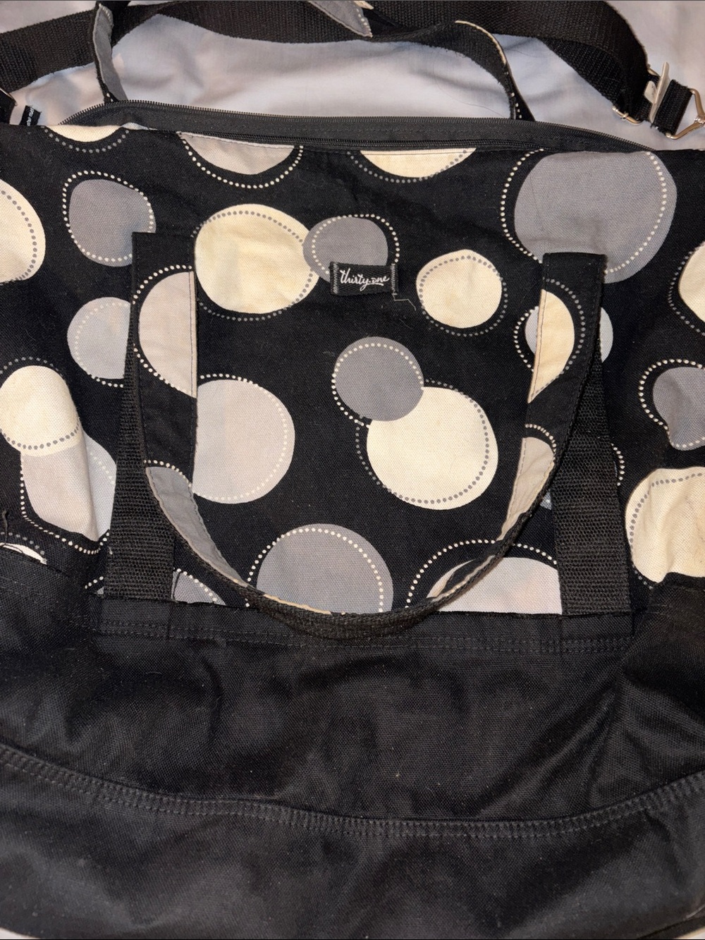 thirty-one Black Tote with Gray and Cream Circle Print